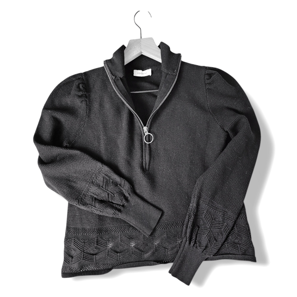 Kookai Puffy Sleeve Black Knit Quarter Zip Sweater, Open Knit Pattern